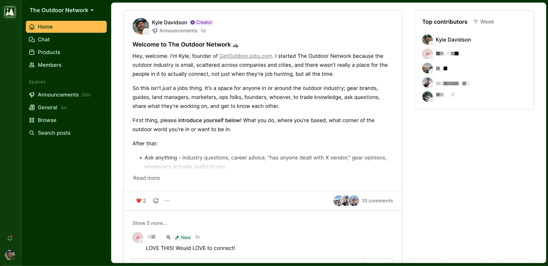 Preview of The Outdoor Network private member community with posts, chat, and top contributors