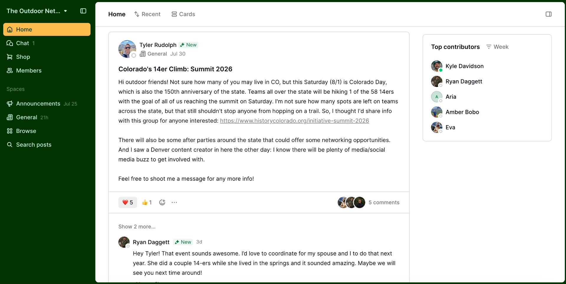 Inside The Outdoor Network: community posts, chat channels, and a top contributors list